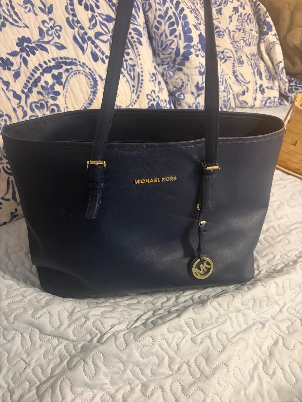 Michael Kors Navy Leather Tote with Gold MK Charm